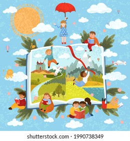 Vector colorful illustration of cute children read a book. Reading stories. The book of fairy tales.