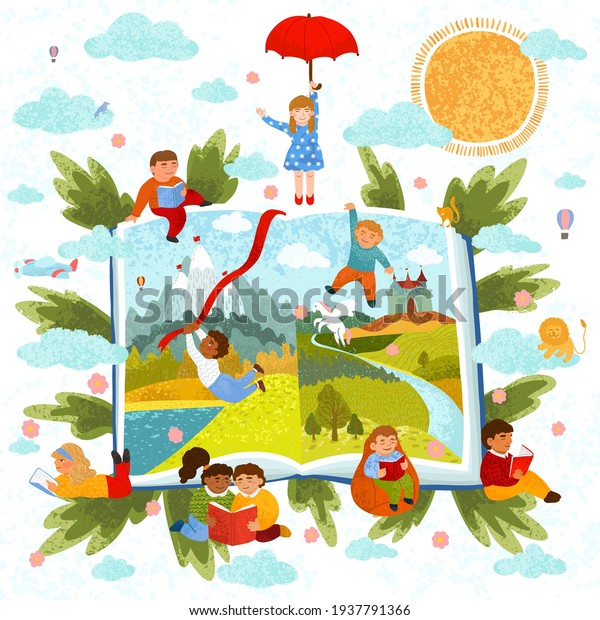 かわいい子どもたちのベクター画像のカラフルなイラストが本を読む 物語を読む おとぎ話の本 のベクター画像素材 ロイヤリティフリー