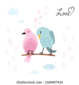 Vector colorful illustration of cute couple of birds in love. Can be used for childish t-shirt print, textile print, cloth, baby wear, kids room decoration, invitation, greeting card, and posters