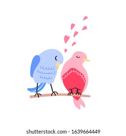 Vector colorful illustration of cute couple of birds in love. Can be used for childish t-shirt print, textile print, cloth, baby wear, kids room decoration, invitation, greeting card, and posters