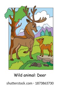 Vector colorful illustration with cute deer papa and cub in mountain area. Cartoon contour illustration isolated on white. Stock illustration for coloring book, preschool education, print and game.