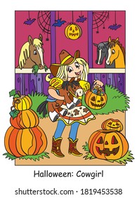 Vector colorful illustration cute girl in costume of cowgirl in the stable.Halloween concept.Cartoon illustration isolated on white. For coloring book for children, preschool education, print and game