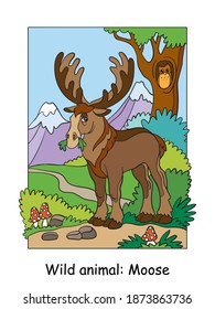Vector colorful illustration with cute moose in mountain area. Cartoon contour illustration isolated on white background. Stock illustration for coloring book, preschool education, print and game.