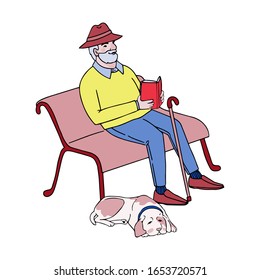 Vector colorful illustration of cute old man sitting on a park bench reading a book. Isolated on white background