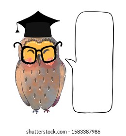 Vector colorful illustration of cute owl in graduate cap and speach buble