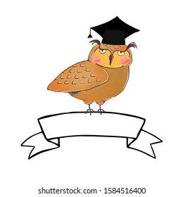 Vector colorful illustration of cute owl in graduate cap and ribbon banner