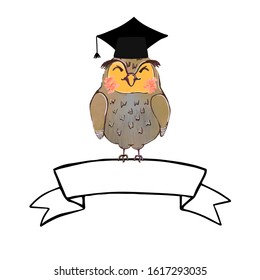 Vector colorful illustration of cute owl in graduate cap and ribbon banner