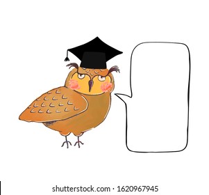 Vector colorful illustration of cute owl in graduate cap and speach buble