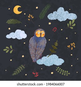 Vector colorful illustration of cute owl and night forest. Used it as elemets for your design for childish t-shirt print, cloth, baby wear, kids room decoration, invitation, greeting card, and posters