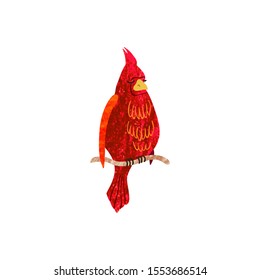 Vector colorful illustration of cute red bird on a branch. Can be used for childish t-shirt print, textile print, cloth, baby wear, kids room decoration, invitation, greeting card, and posters