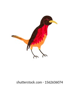 Vector colorful illustration of cute red bird on a branch. Can be used for childish t-shirt print, textile print, cloth, baby wear, kids room decoration, invitation, greeting card, and posters