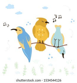 Vector colorful illustration of cute singing birds. Can be used for childish t-shirt print, textile print, cloth, baby wear, kids room decoration, invitation, greeting card, and posters