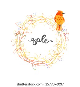 Vector colorful illustration of cute wreath and bird. Spring sale banner template design