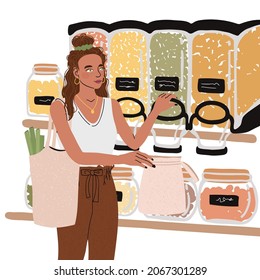 Dibujo vectorial colorido de una jovencita linda con bolso ecológico compra comida en la tienda o mercado, de moda vestida con telas blancas. El concepto de basura cero.