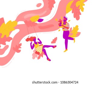 Vector colorful illustration of dating couple: girl on tree swing and guy with bouquet. Summer background