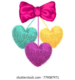 Vector colorful illustration of decortive elements with pom-poms in the shape of a heart hanging on the ropes with bow isolated on white background. Decor for Valentines day design.