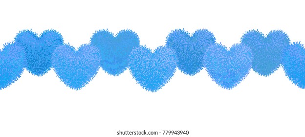 Vector colorful illustration of decortive elements with blue colored pompoms in shape of heart garland isolated on white background. Decor for Valentines day or baby shower design. Seamless pattern