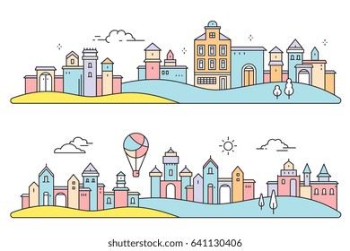 Vector colorful illustration of detailed city landscape on white background with meadow. Set of urban european city with tree, cloud, air balloon. Thin line art design for web, site, horizontal banner