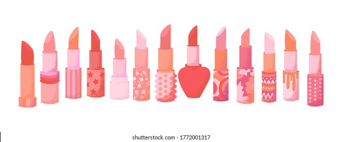 Vector colorful illustration with different lipstick. Set of lipstick decorative tube isolated on white background. Clip art for cosmetics advertising, beauty concept. Pink lipstick for young woman.