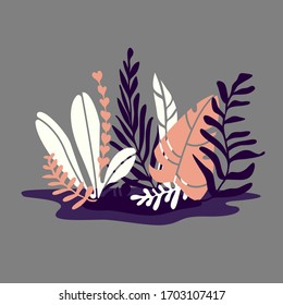 Vector colorful illustration with different tropical leaves with shadow isolated on grey background. Cartoon scandinavian style. For flat design, web banners, covers, books pages, poster. 