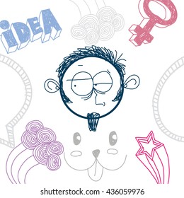Vector colorful illustration of doubtful cartoon boy isolated on special background with hand drawn design elements, social interaction idea. Facial expressions on teenager face. 

