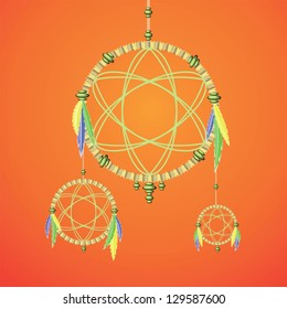 Vector Colorful Illustration with Dream Catcher on Orange Background for Your Design.