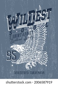 Vector colorful illustration of eagle in stripped and rustic strokes. Art with text and background texture.