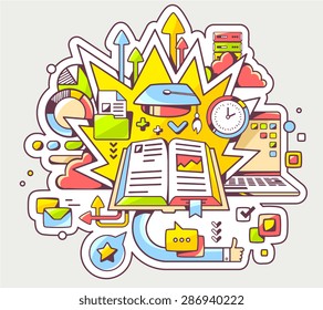 Vector colorful illustration of education with open book and graduate cap on light background. Hand draw line art design for web, site, advertising, banner, poster, board and print. 