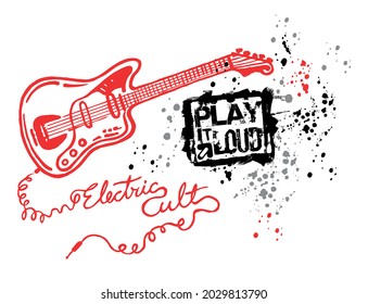 Vector colorful illustration of electric guitar and text. Art in style with stripped and simple lines.