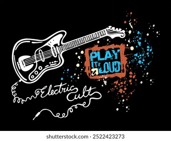 Vector colorful illustration of electric guitar and text. Art in style with stripped and simple lines.