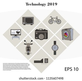 Vector colorful illustration with electronics, multimedia and technology symbols. Photo camera, hand watch,computerwith infographics, bicycle,washing machine, cash machine