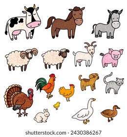 Vector Colorful Illustration of Farm Animals Isolated on White Background