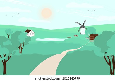 Vector colorful illustration of farm with cows and windmill near lake and trees. Can be used as package for farm products like yogurt and milk.