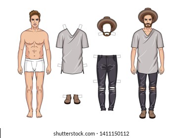 Vector colorful illustration of fashionable men's outfits isolated from white background. Cartoon style guy paper doll with trendy clothes. Young guy with modern wardrobe of hipster style
