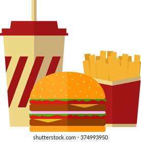 Vector Colorful Illustration Of Fast Food - Drink, Burger / Cheeseburger And French Fries