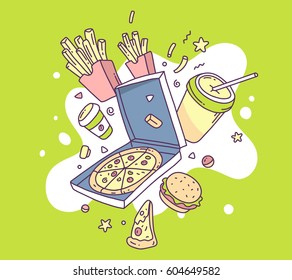 Vector colorful illustration of fastfood. Pizza, french fries, coffee, hamburger on green background. Food delivery concept. Thin line art flat design of fast food for mobile app, web, delivery banner