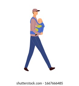 Vector colorful illustration of father carries the baby in an ergo backpack or babycarrier isolated on white background