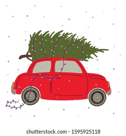 Vector colorful illustration of flat design style small Red Car with Christmas tree on the top. Winter vector image as New Year postcard, greeting card, poster, banner, promotional materials.