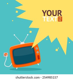 Ilustração colorida vetorial em estilo de design plano. TV retro vermelha com cartão de fio, lugar para o seu texto