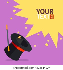 Vector colorful illustration in flat design style. Magic hat card, place for your text