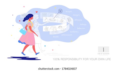 Vector colorful illustration in flat and line art style. Examples of success, 100% responsibility for your life. The girl goes and in her thoughts chooses what kind of life she wants to live.