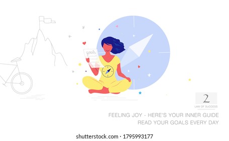 Vector colorful illustration in flat and line art style. The patterns of success, the compass inside us is a smile in our hearts. The girl hears her heart, intuition and reads her goals.