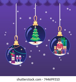 Vector colorful illustration in flat style eps10 Xmas New year ball. Champagne and glasses. Christmas tree. Toy Nutcracker and gifts