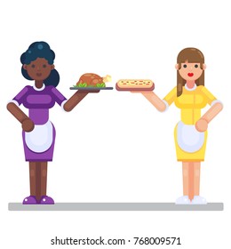 Vector colorful illustration in flat style image of a young waitress restaurant concept Afro-American and Caucasian woman girl with tray eps10