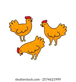 Vector Colorful Illustration of Flock of Chickens Isolated on White Background