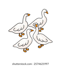 Vector Colorful Illustration of Flock of Geese Isolated on White Background