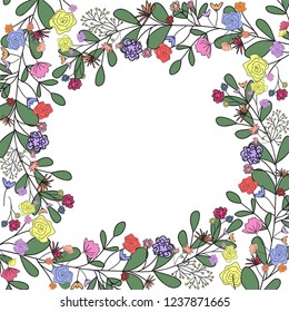 Vector colorful illustration with flowers and green leaves. For greeting card,invitation,banner,cover,poster,card,wallpaper,ad,promotion.Spring design. Floral design.
