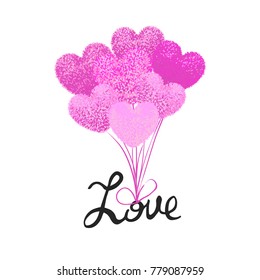Vector colorful illustration fluffy balloons shape of heart attached to word love and lift it into air. Valentines Day cartoon style illustration. Used as posrcard, poster, flyer, brochure, banner