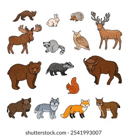 Vector Colorful Illustration of Forest Animals Isolated on White Background
