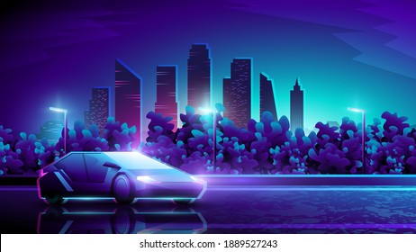 Vector colorful illustration of futuristic car standing on night road against a city background.